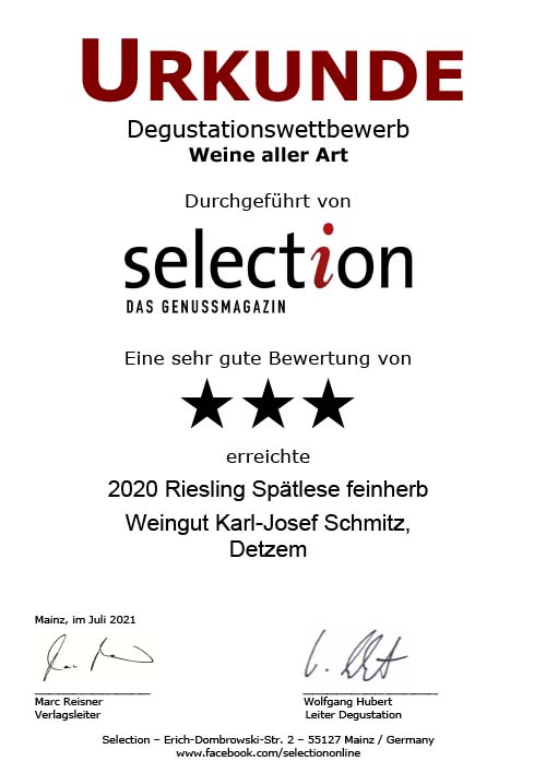 Urkunde Selection - 2020 Riesling Spätlese feinherb, Weingut Karl-Josef Schmitz